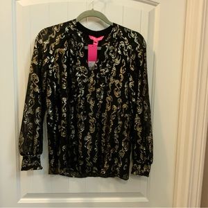 Lilly Pulitzer Angelica silk top, salty wave metallic chiffon, black, XXS